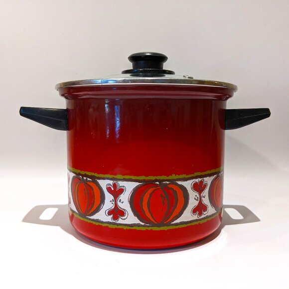 Vintage Red Enamel Soup Stock Pot Onion Pattern – European (Silit?) MCM 60s/70s - Picture 1 of 12